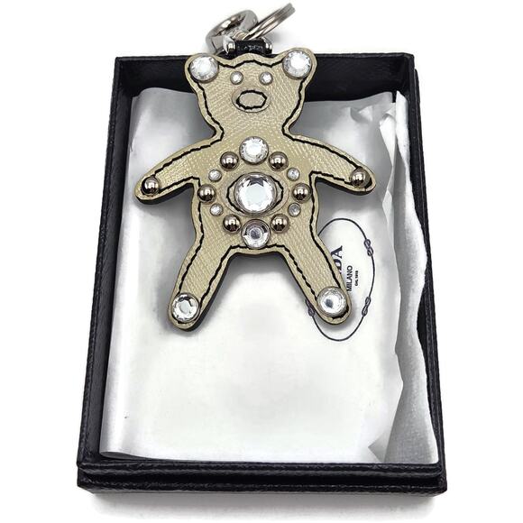 Prada Teddy Bear Keychain Purse Charm Beige Black Saffiano Leather with Crystals - Picture 2 of 11